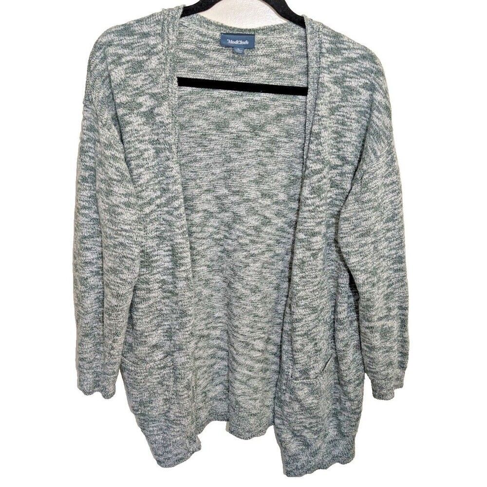 ModCloth Cardigan Sweater Open Front Green White Marled Knit Size Large